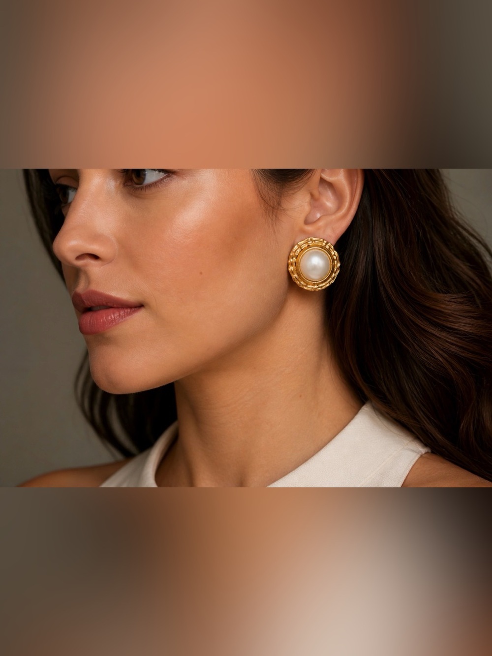 Vintage Gold tone Framed Faux Pearl Clip  Earrings